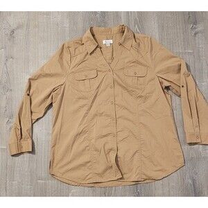 D & Co. Button-Up Camp Shirt Women Size Lar Brown Collared Roll Tab Long Sleeves